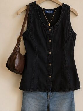 CATCH ME vintage y2k 90’s western denim black button up tunic vest
